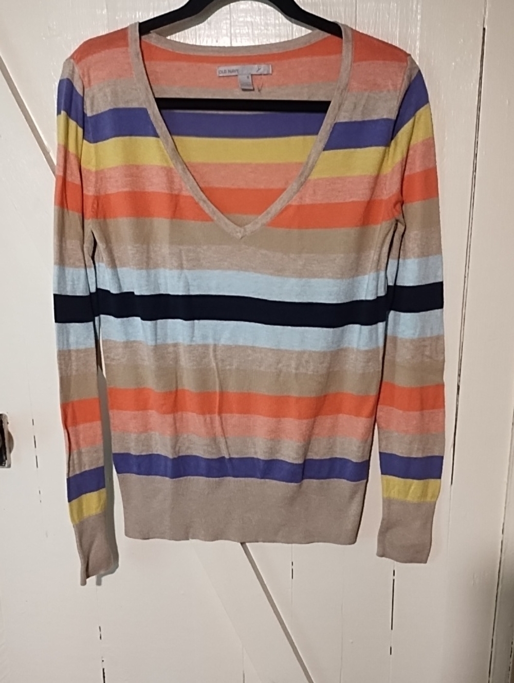 Old Navy Striped V-Neck Sweater in Orange, Purple, Yellow, Tan Good Medium.
